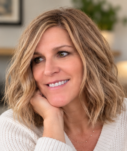 Stacy smiling, resting her chin on her hand, wearing a cream knit sweater.